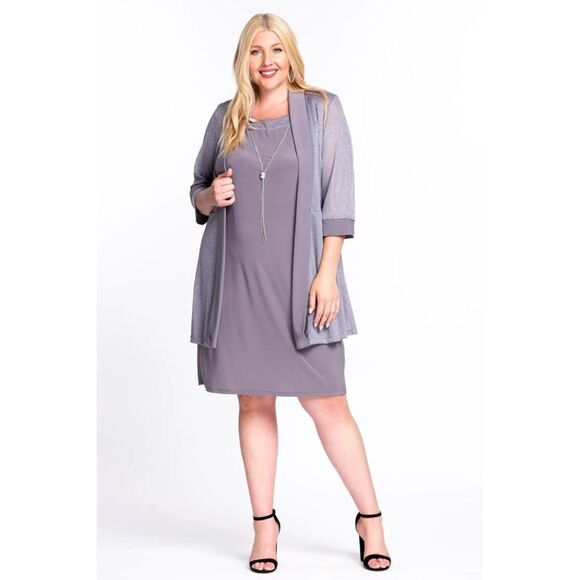 R&M Richards Women's Plus Size Shift Midi Dress with Metallic Jacket, Silver,16W - Picture 1 of 2